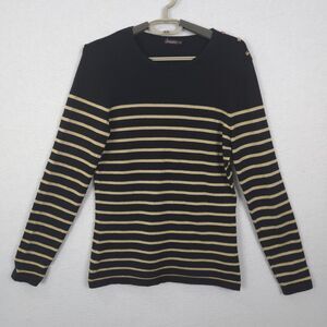 J McLaughlin Sweater Womens Small Black Metallic Gold Striped Pullover Button